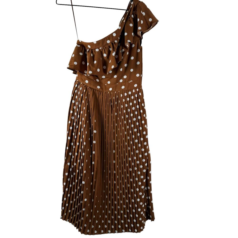 NEW English Factory Brown White Polka Dot Ruffle Pleated One Shoulder Small